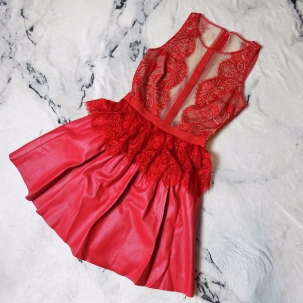 M - BCBG Layton Red Lace and Leather Dress